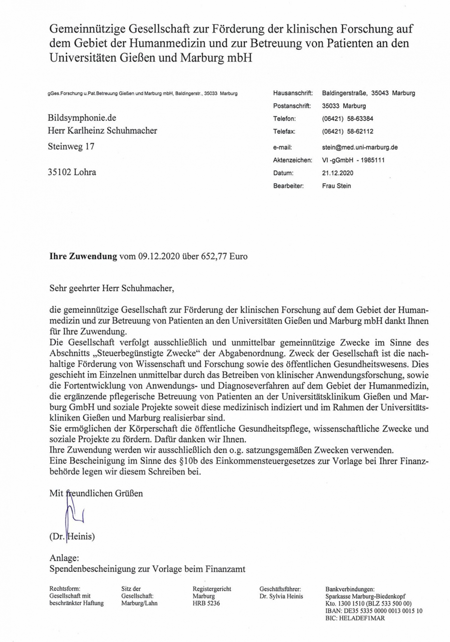 Zuwendungsbestätigung vom Dezember 2020
